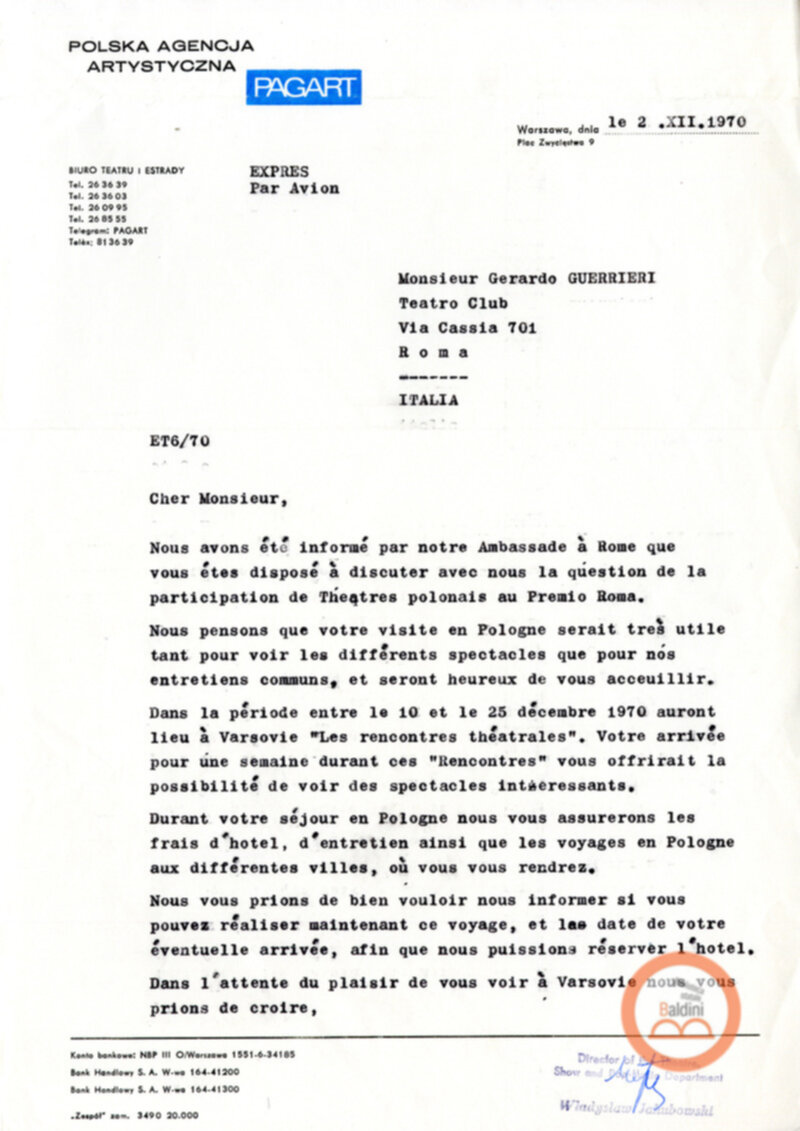 Corrispondenza con l'agenzia artistica polacca Pagart