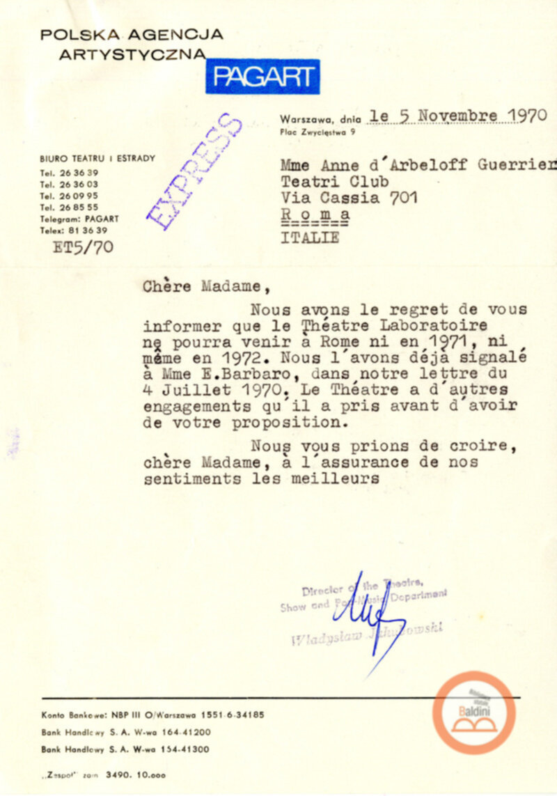 Corrispondenza con l'agenzia artistica polacca Pagart