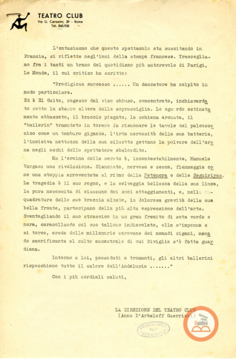 Teatro Club ai soci su L'antologia drammatica del Flamenco