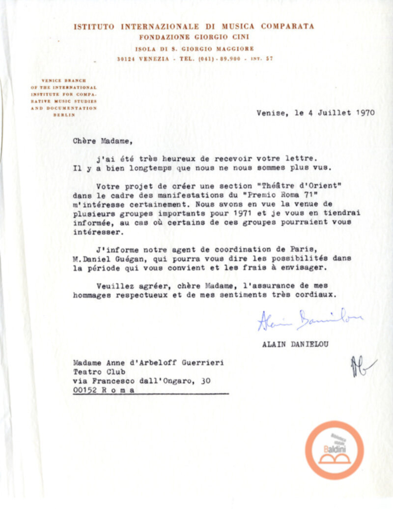 Corrispondenza con Alain Danielou e Daniel Guegan
