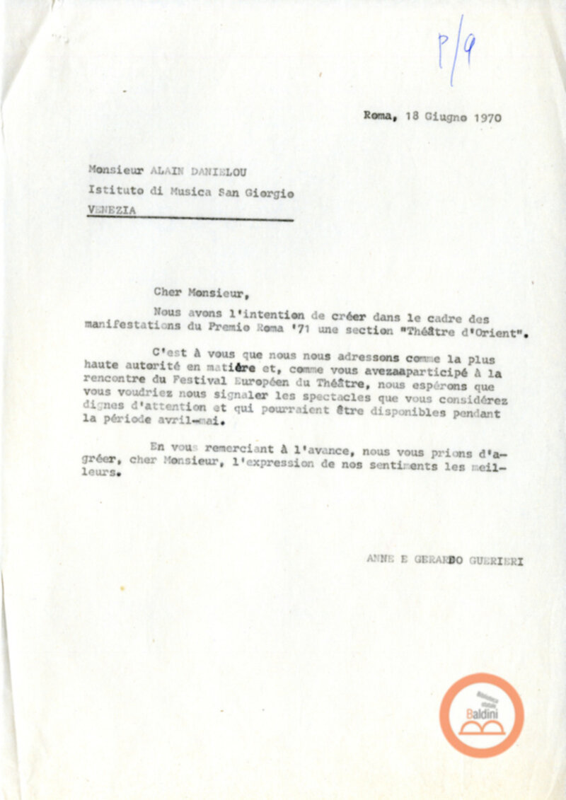 Corrispondenza con Alain Danielou e Daniel Guegan