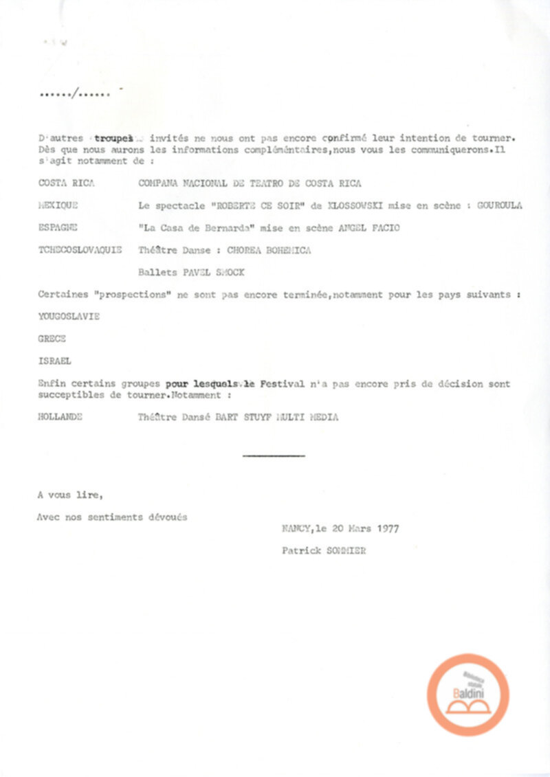 Lettera di Patrick Sommier