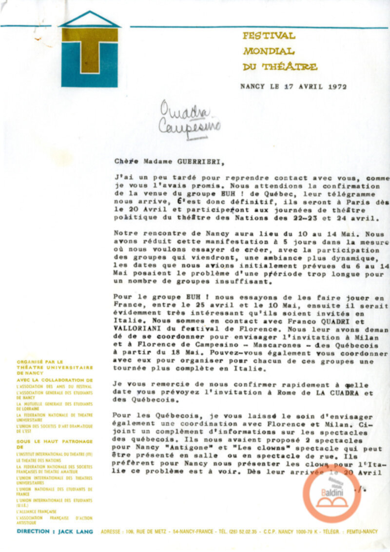 Festival Mondial du Théâtre - corrispondenza