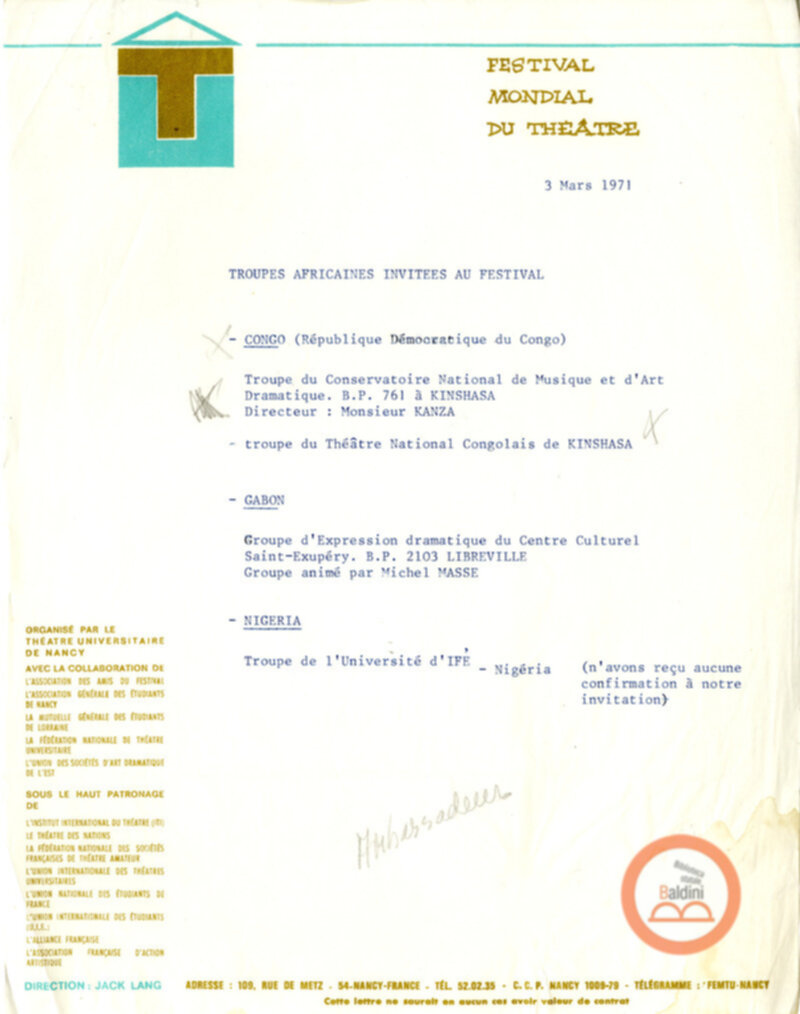 Festival Mondial du Théatre di Nancy - corrispondenza