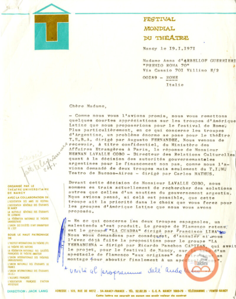 Festival Mondial du Théatre di Nancy - corrispondenza