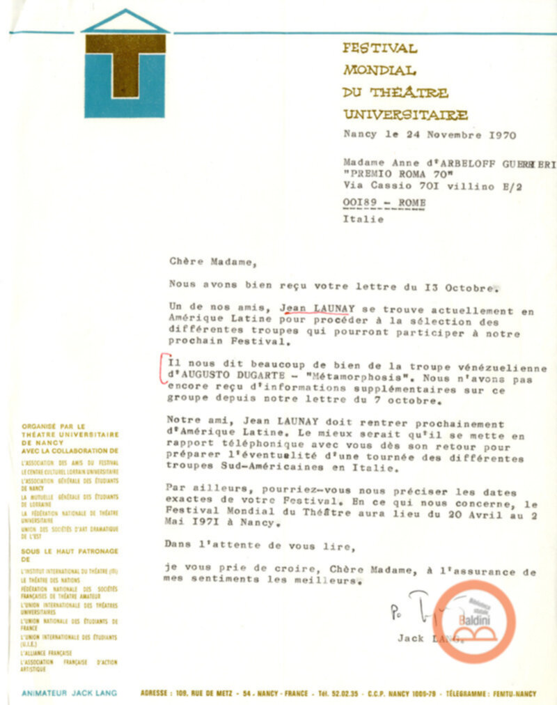 Festival Mondial du Théatre di Nancy - corrispondenza