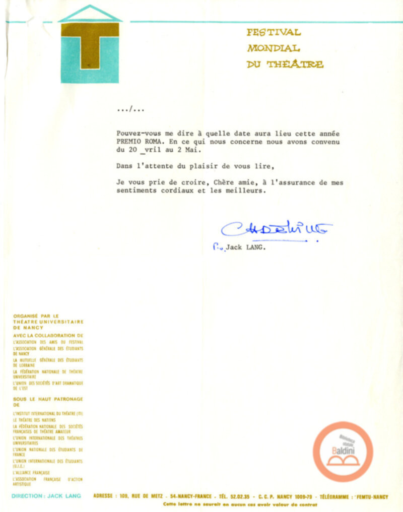 Festival Mondial du Théatre di Nancy - corrispondenza