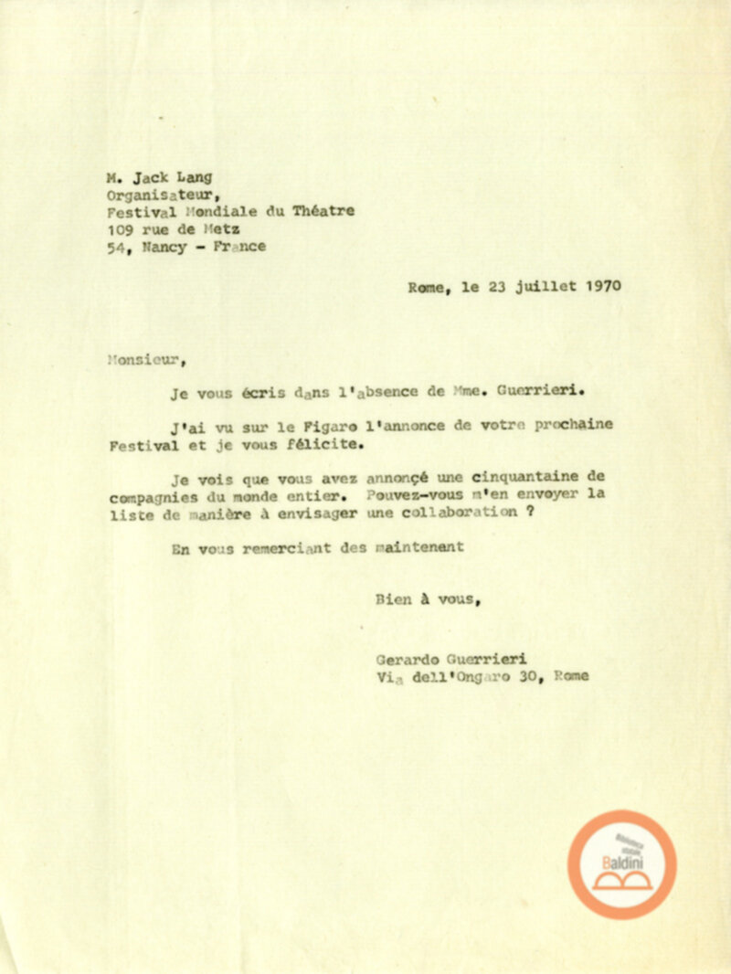 Festival Mondial du Théatre di Nancy - corrispondenza