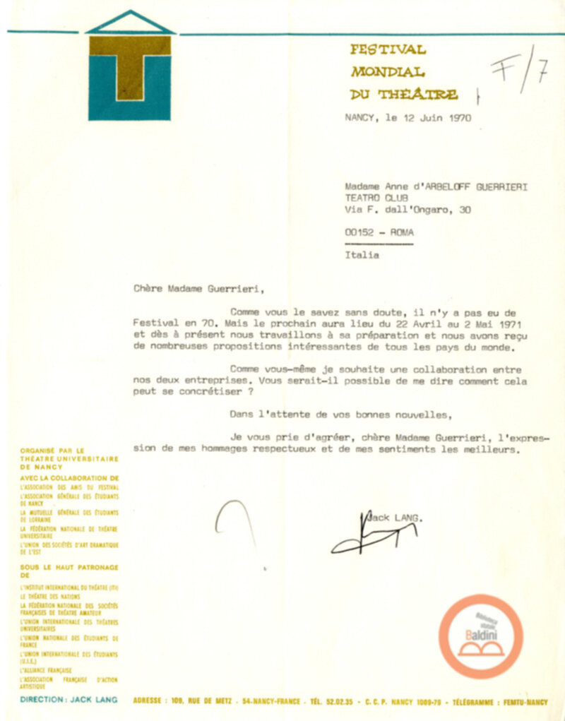 Festival Mondial du Théatre di Nancy - corrispondenza