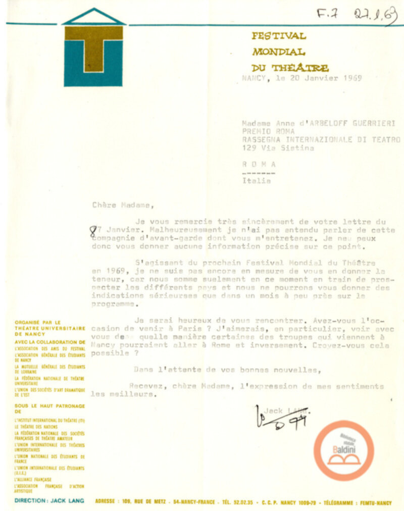 Festival Mondial du Théatre di Nancy - corrispondenza