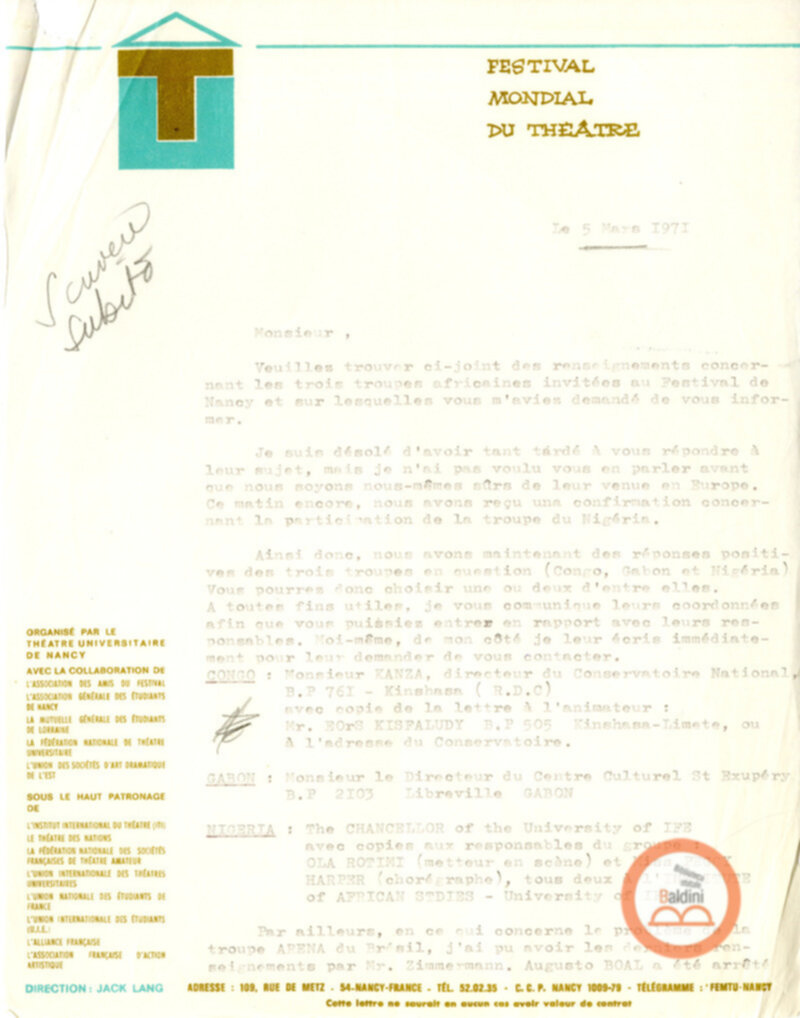 Festival Mondial du Théatre di Nancy - corrispondenza
