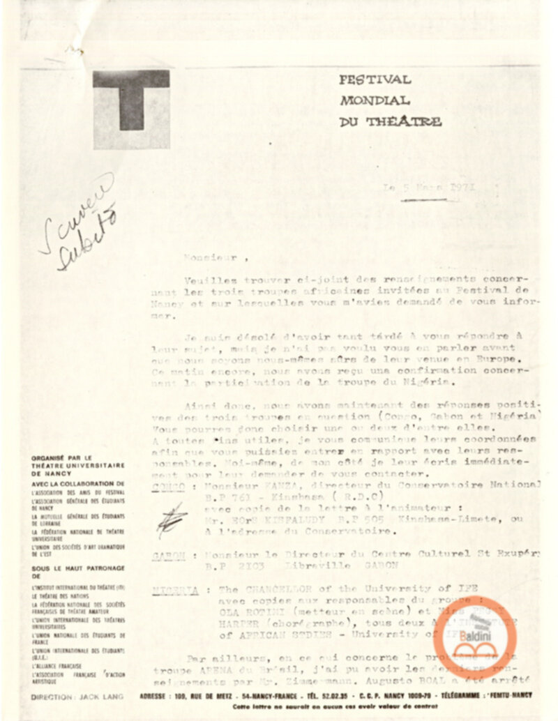 Festival Mondial du Théatre di Nancy - corrispondenza