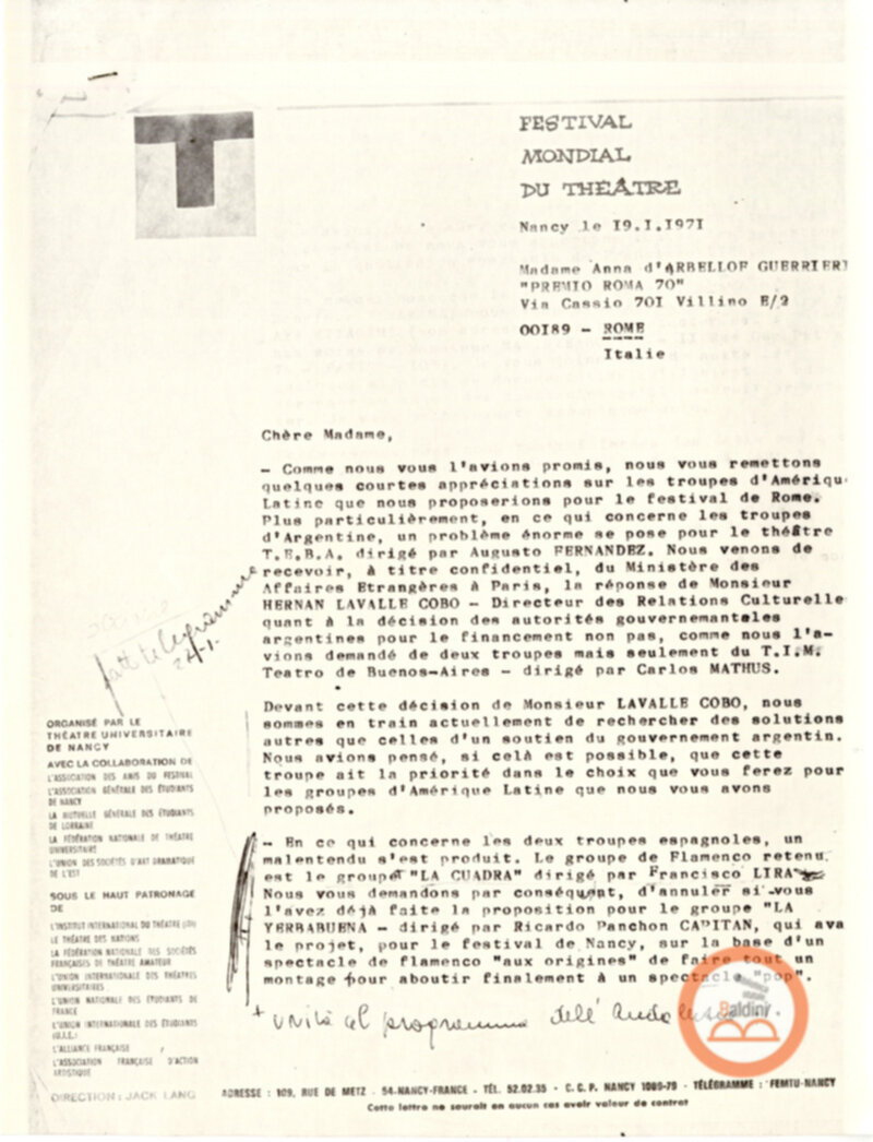 Festival Mondial du Théatre di Nancy - corrispondenza