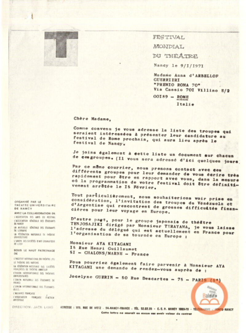 Festival Mondial du Théatre di Nancy - corrispondenza
