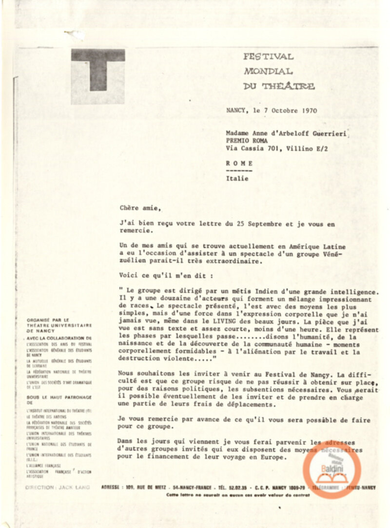 Festival Mondial du Théatre di Nancy - corrispondenza