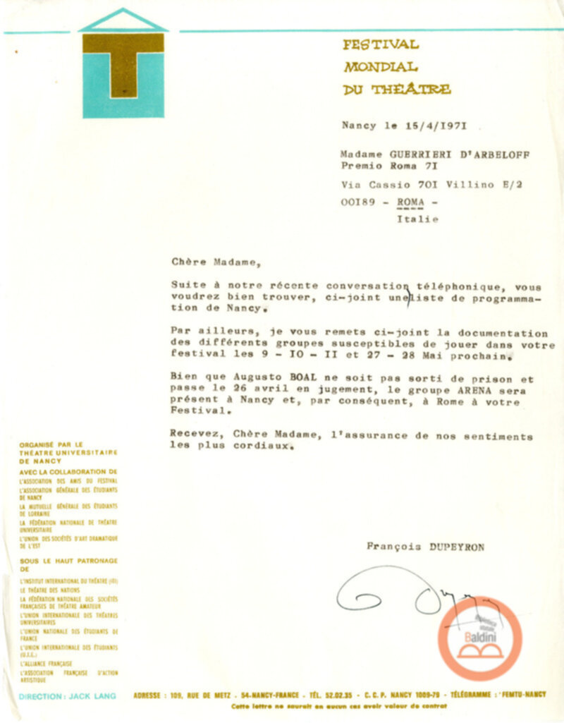 Festival Mondial du Théatre di Nancy - corrispondenza