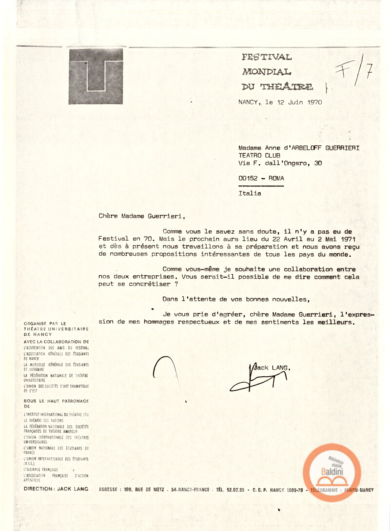 Festival Mondial du Théatre di Nancy - corrispondenza
