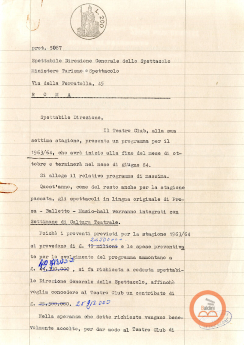 Corrispondenza intercorsa tra il Teatro Club e il Ministero del turismo e dello spettacolo relativa alla richiesta di contributi per la stagione 1963-1964.