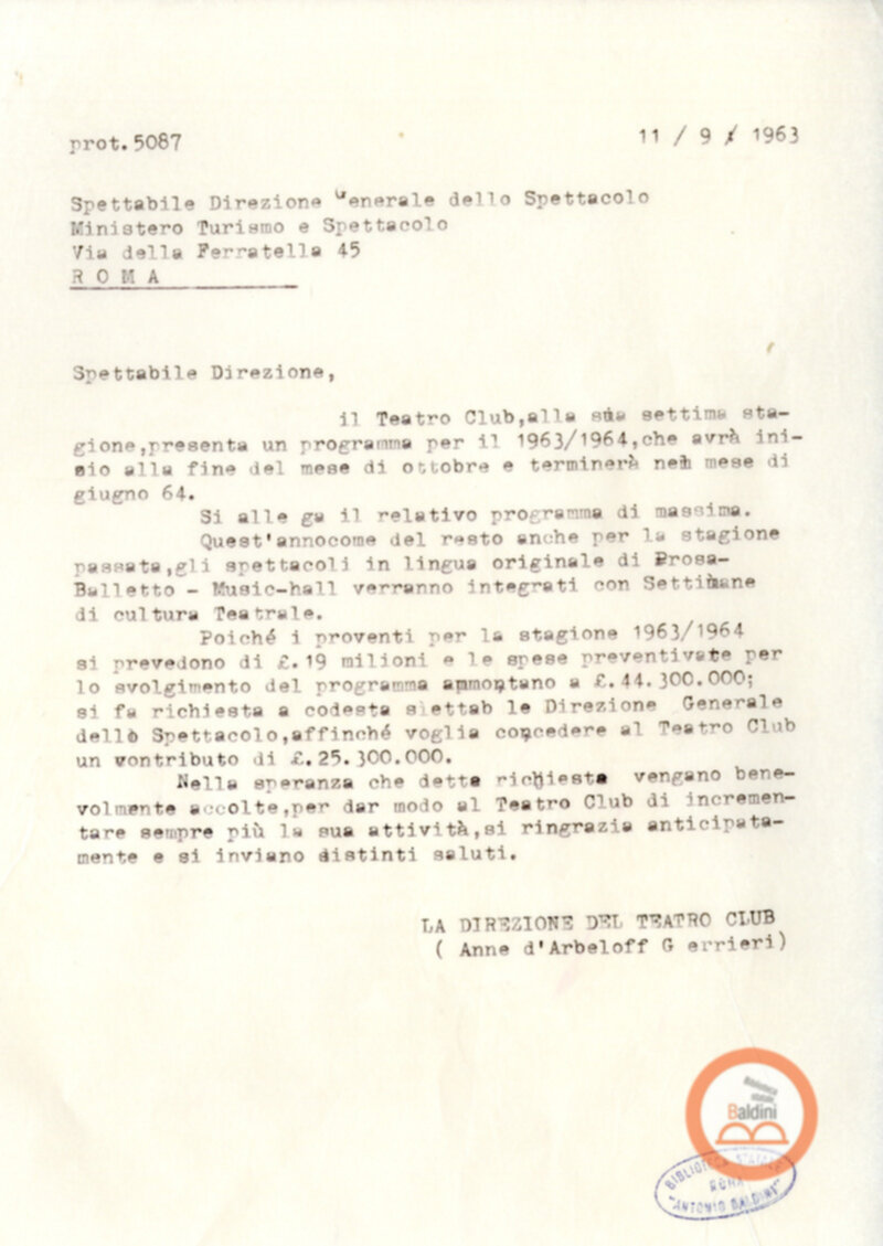 Corrispondenza intercorsa tra il Teatro Club e il Ministero del turismo e dello spettacolo relativa alla richiesta di contributi per la stagione 1963-1964.