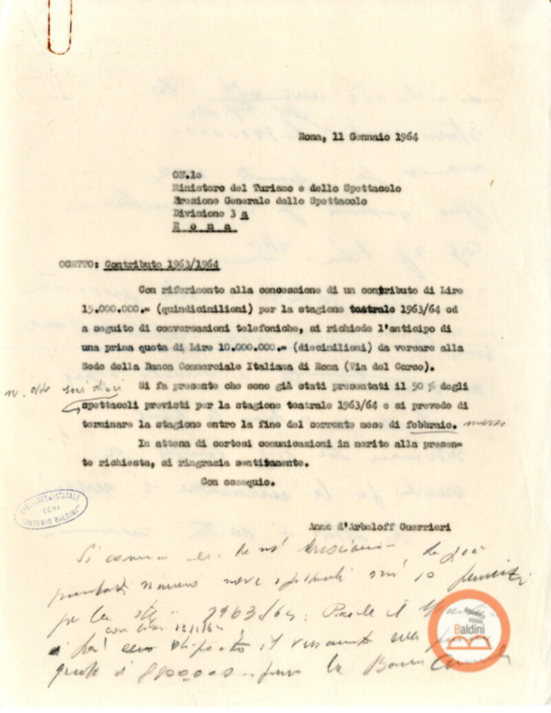 Corrispondenza intercorsa tra il Teatro Club e il Ministero del turismo e dello spettacolo relativa alla richiesta di contributi per la stagione 1963-1964.