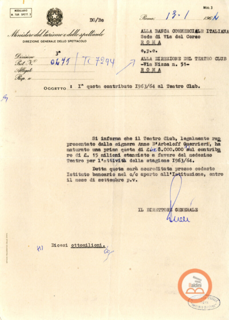 Corrispondenza intercorsa tra il Teatro Club e il Ministero del turismo e dello spettacolo relativa alla richiesta di contributi per la stagione 1963-1964.