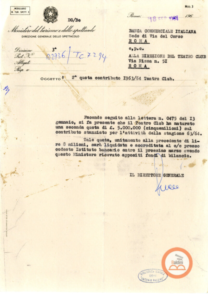 Corrispondenza intercorsa tra il Teatro Club e il Ministero del turismo e dello spettacolo relativa alla richiesta di contributi per la stagione 1963-1964.