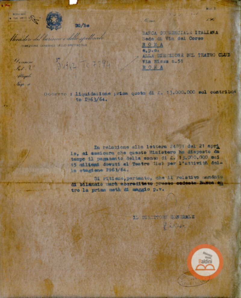 Corrispondenza intercorsa tra il Teatro Club e il Ministero del turismo e dello spettacolo relativa alla richiesta di contributi per la stagione 1963-1964.