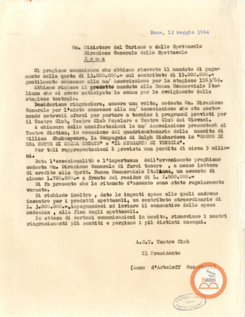 Corrispondenza intercorsa tra il Teatro Club e il Ministero del turismo e dello spettacolo relativa alla richiesta di contributi per la stagione 1963-1964.