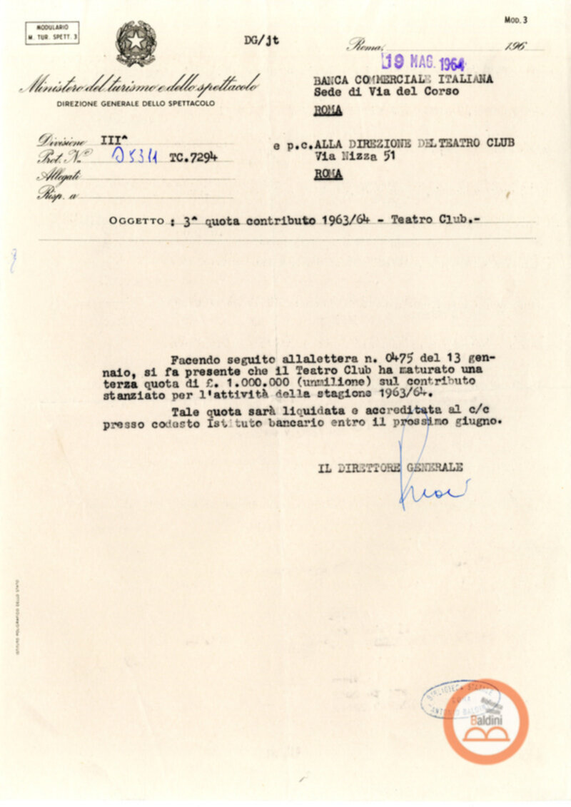 Corrispondenza intercorsa tra il Teatro Club e il Ministero del turismo e dello spettacolo relativa alla richiesta di contributi per la stagione 1963-1964.