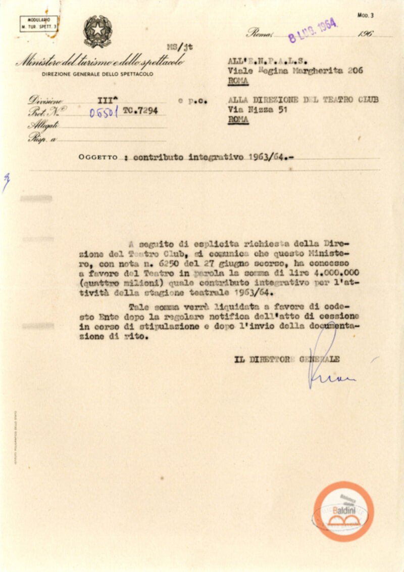 Corrispondenza intercorsa tra il Teatro Club e il Ministero del turismo e dello spettacolo relativa alla richiesta di contributi per la stagione 1963-1964.