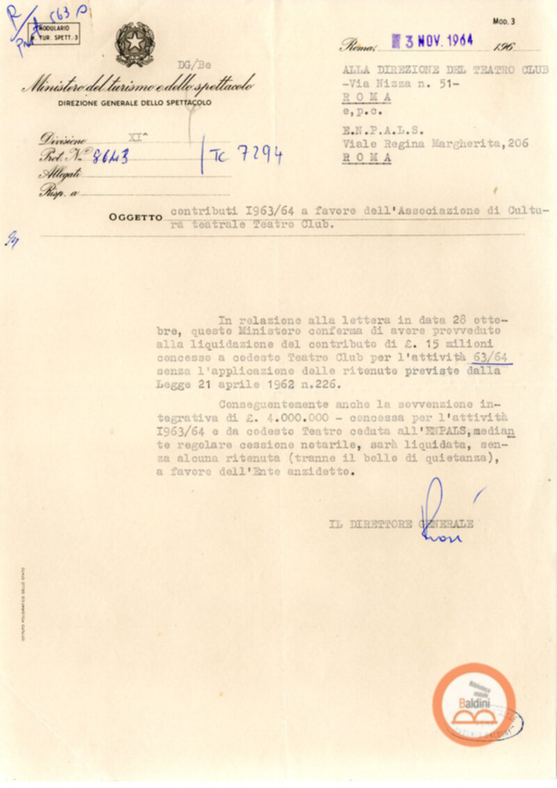 Corrispondenza intercorsa tra il Teatro Club e il Ministero del turismo e dello spettacolo relativa alla richiesta di contributi per la stagione 1963-1964.
