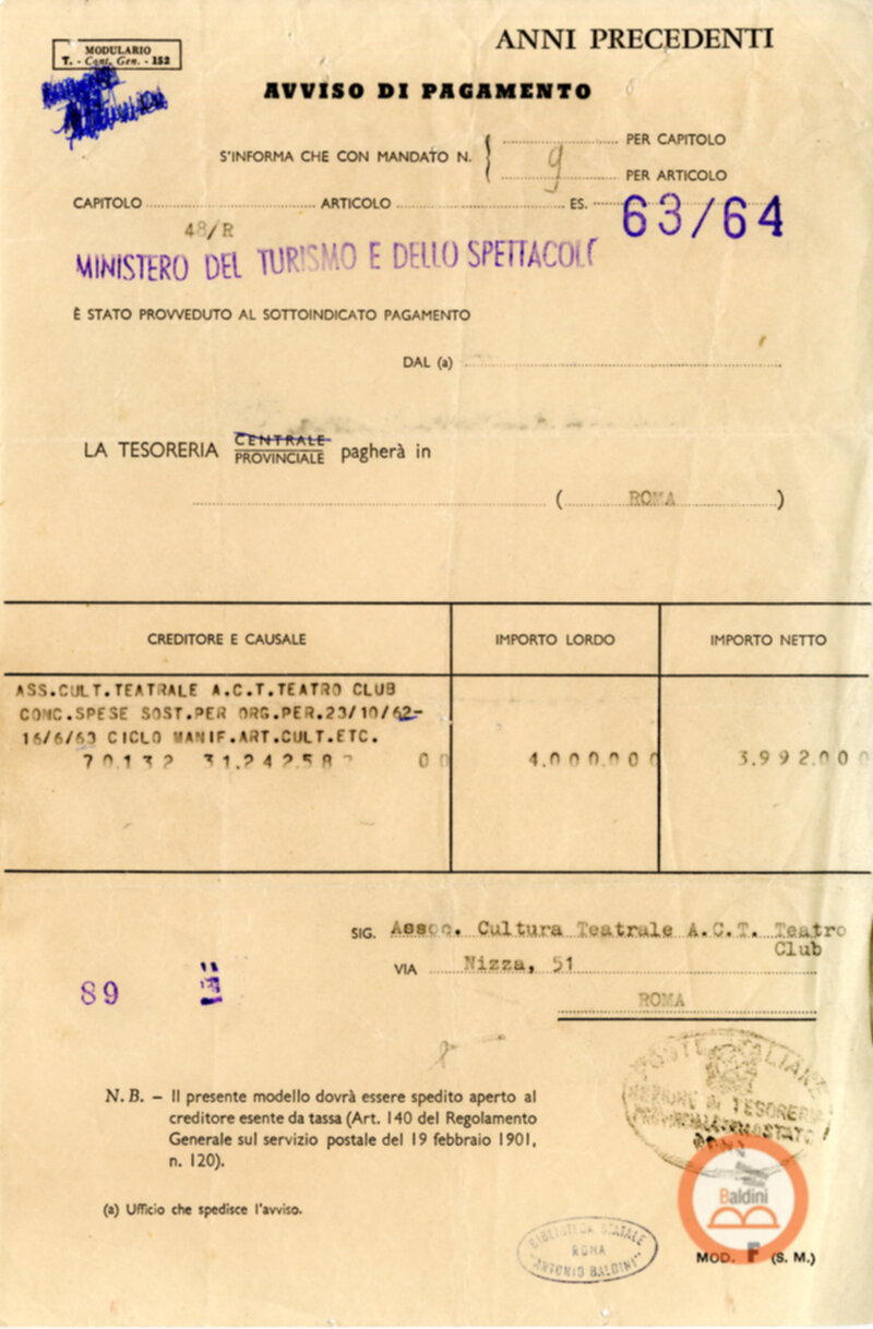 Corrispondenza intercorsa tra il Teatro Club e il Ministero del turismo e dello spettacolo relativa alla richiesta di contributi per la stagione 1963-1964.