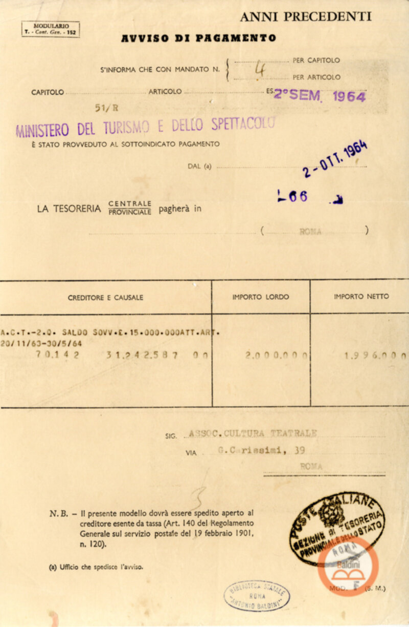 Corrispondenza intercorsa tra il Teatro Club e il Ministero del turismo e dello spettacolo relativa alla richiesta di contributi per la stagione 1963-1964.