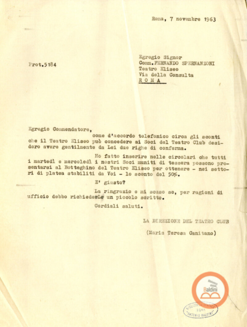 Accordi con il Teatro Eliseo - stagione 1963-1964