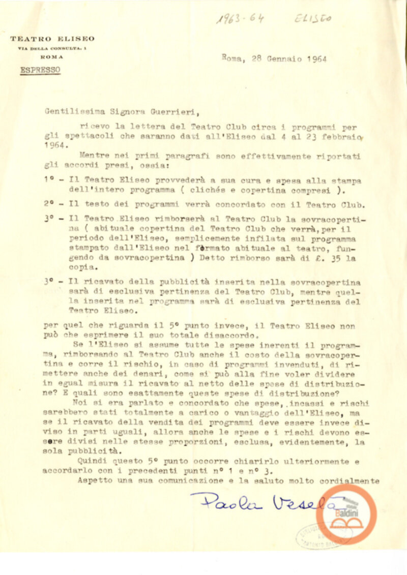 Accordi con il Teatro Eliseo - stagione 1963-1964