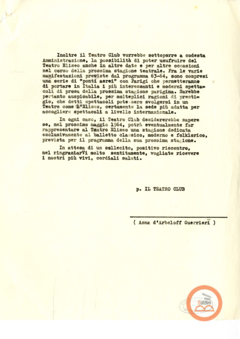 Accordi con il Teatro Eliseo - stagione 1963-1964