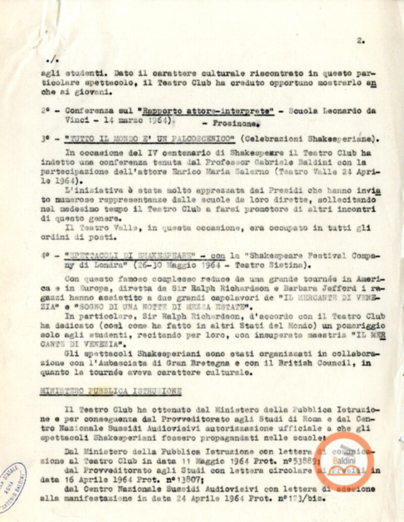 Attività svolte dal Teatro Club (sezione giovanile) nella stagione 1963-1964