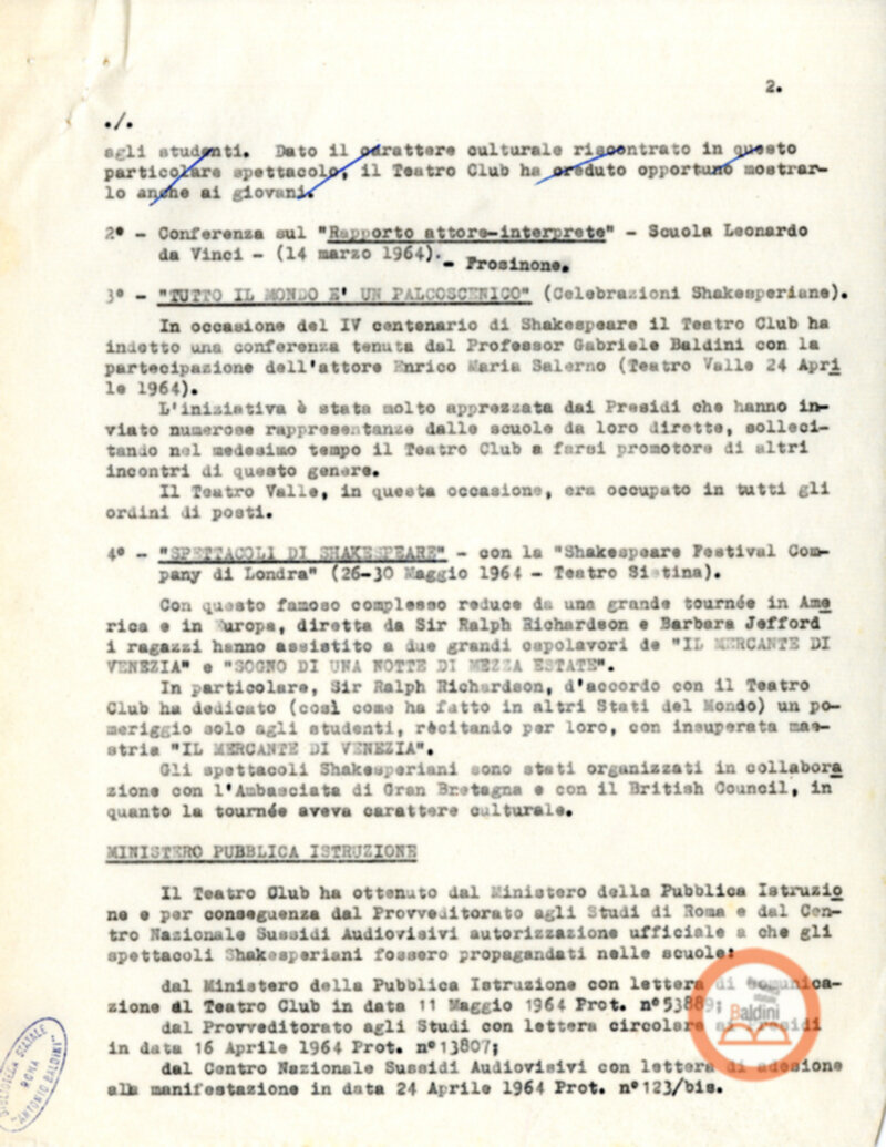 Relazione relativa alle attività svolte dal Teatro Club (sezione giovanile) nella stagione 1963-1964