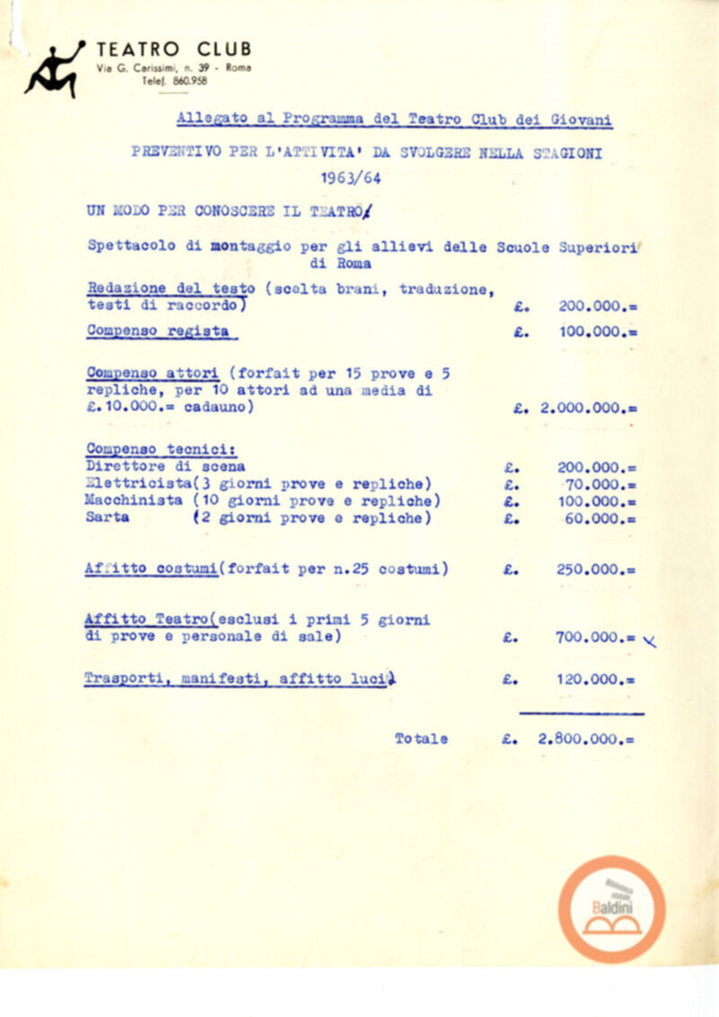Minuta del preventivo afferente alle spese e agli introiti della stagione 1963-1964.
