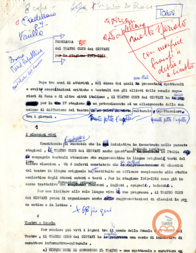 Bozza del programma del Teatro Club dei giovani relativo alla stagione 1963-1964.