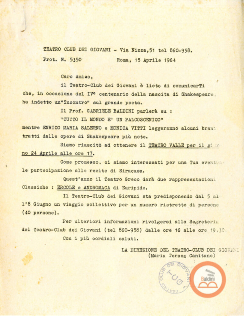 Teatro Club dei Giovani - spettacoli in programmazione per il 1963-1964
