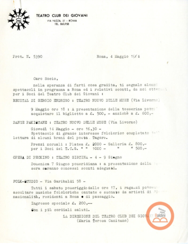 Teatro Club dei Giovani - spettacoli in programmazione per il 1963-1964