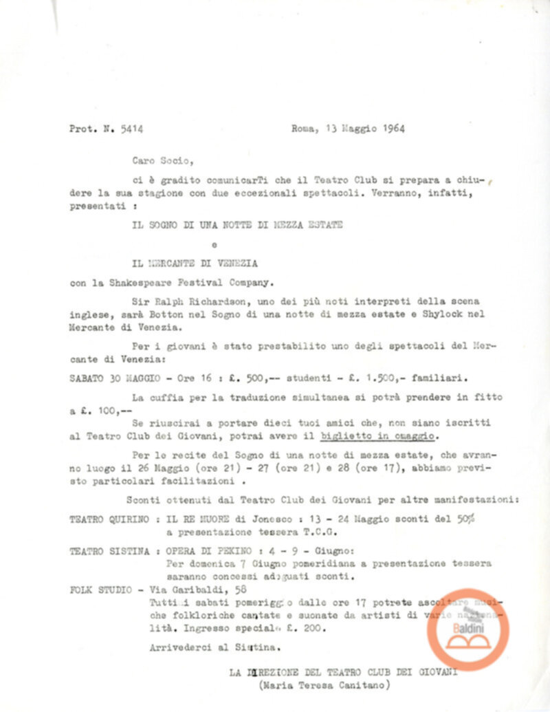 Teatro Club dei Giovani ai soci - spettacoli in programmazione per il 1963-1964