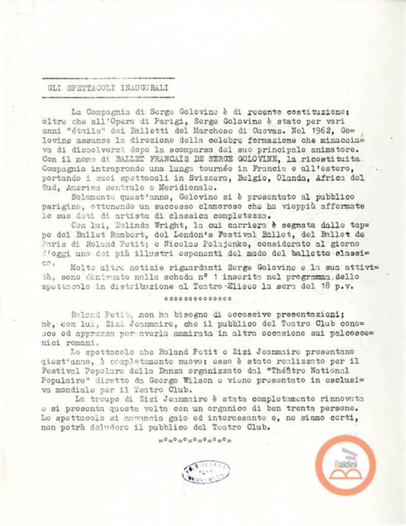 Bozza del programma Ballet Serge Golovine