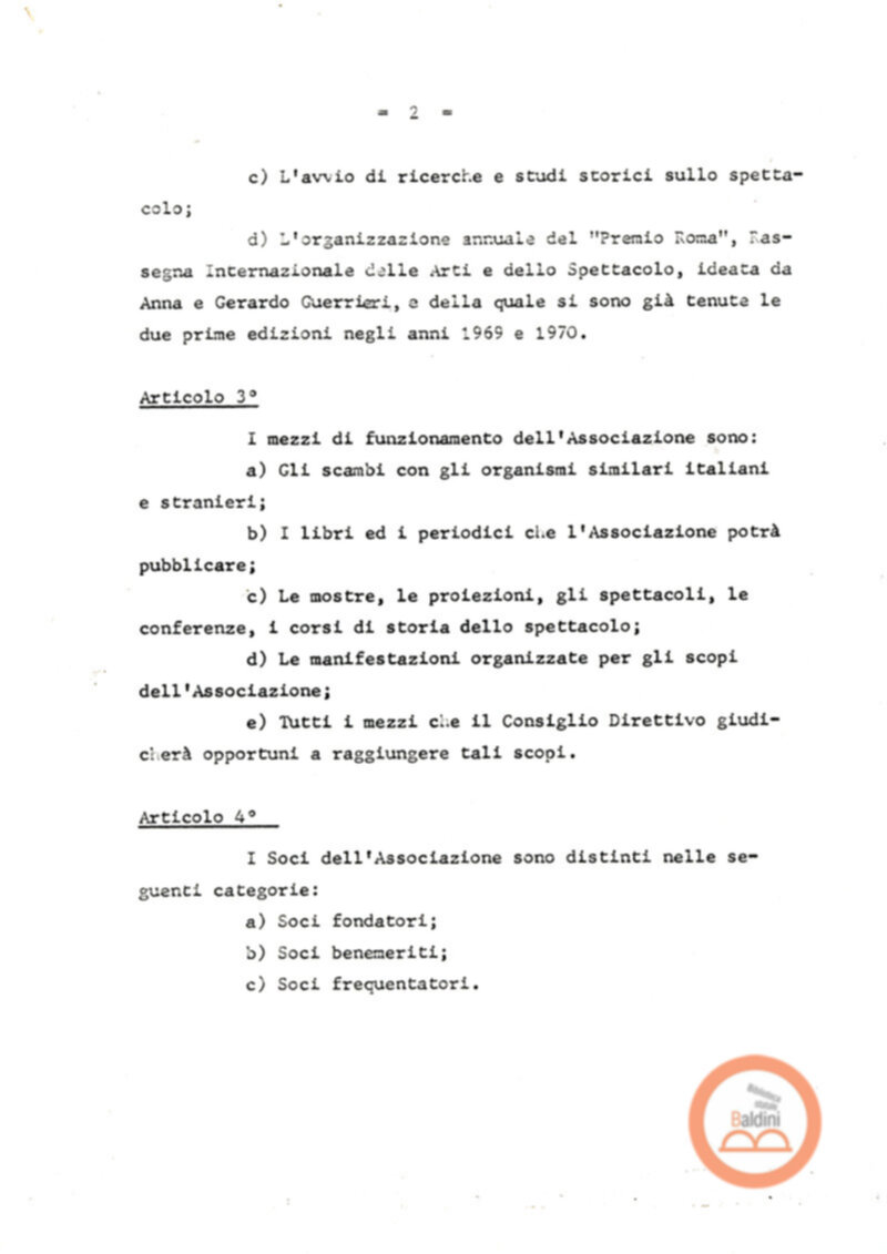 Statuto dell'Associazione di Cultura Teatrale Americana (ACTA), Teatro Club "Premio Roma".