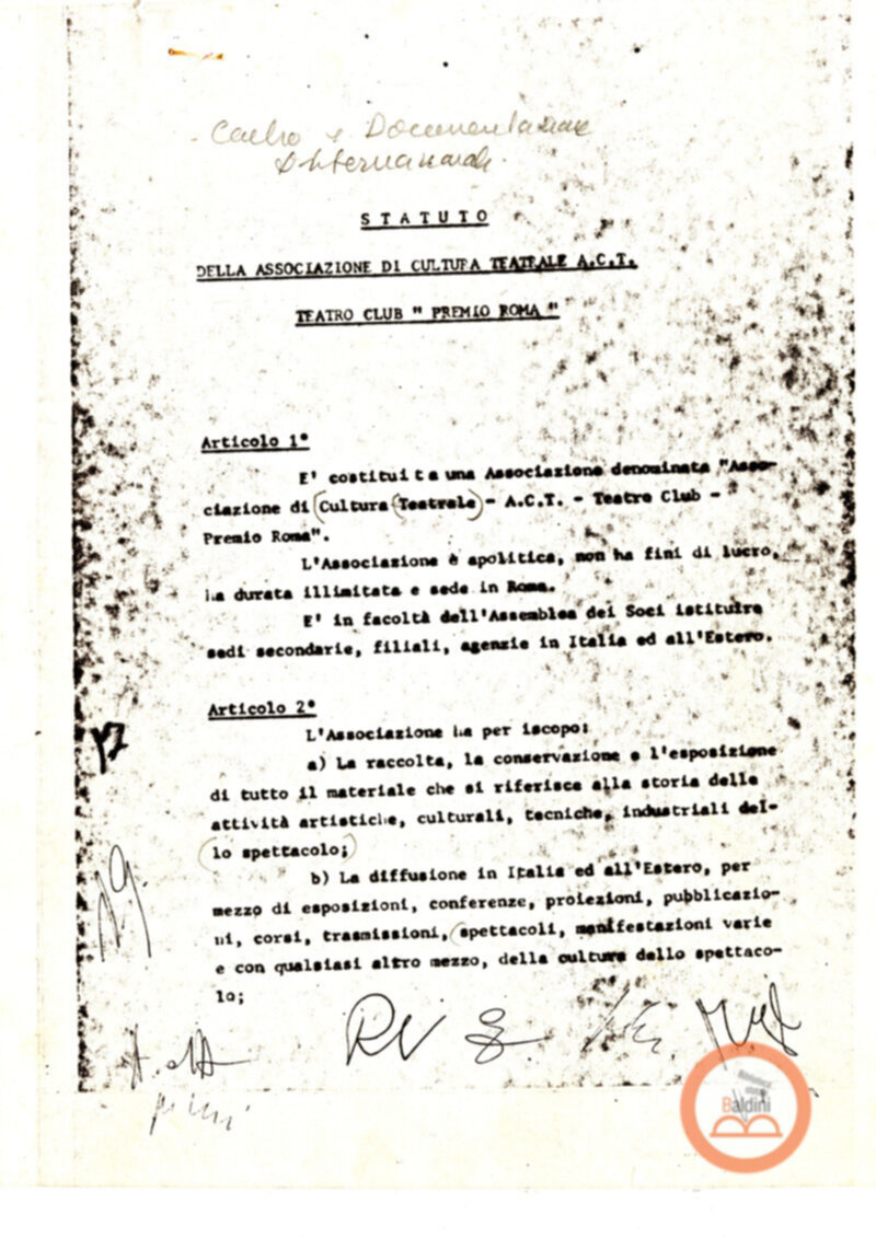 Statuto dell'Associazione di Cultura Teatrale Americana (ACTA), Teatro Club "Premio Roma".