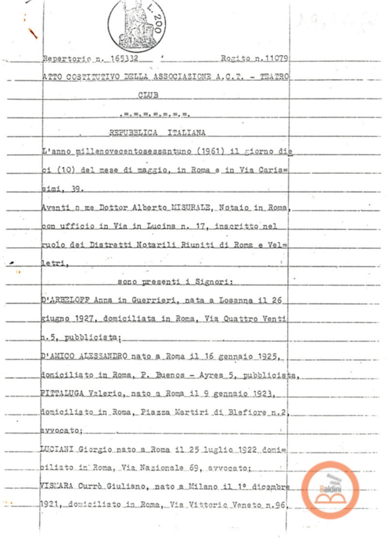 Statuto dell'Associazione di Cultura Teatrale Americana (ACTA), Teatro Club "Premio Roma".