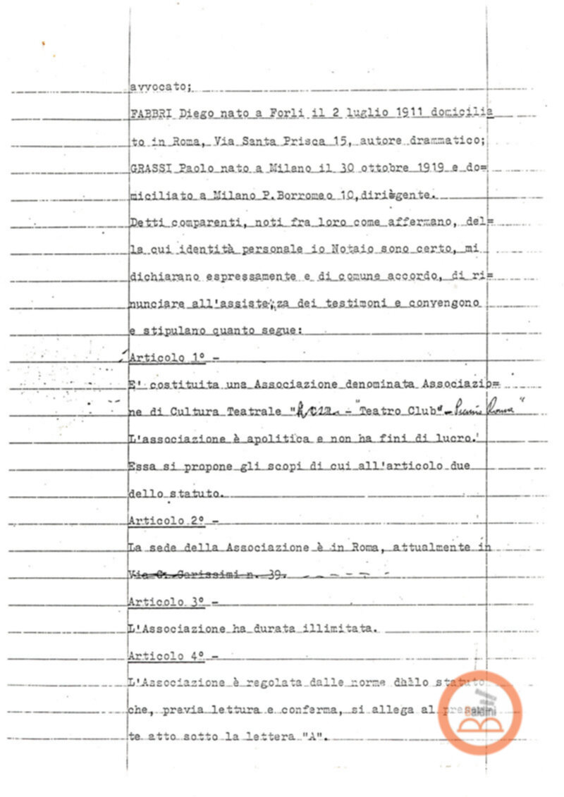Statuto dell'Associazione di Cultura Teatrale Americana (ACTA), Teatro Club "Premio Roma".
