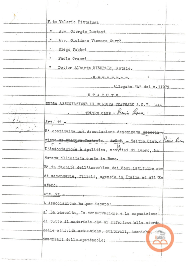 Statuto dell'Associazione di Cultura Teatrale Americana (ACTA), Teatro Club "Premio Roma".
