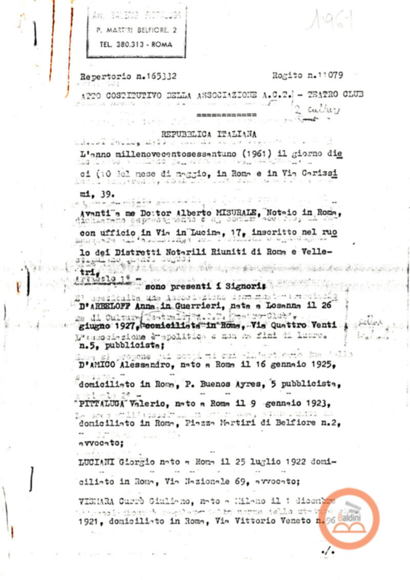 Statuto dell'Associazione di Cultura Teatrale Americana (ACTA), Teatro Club "Premio Roma".